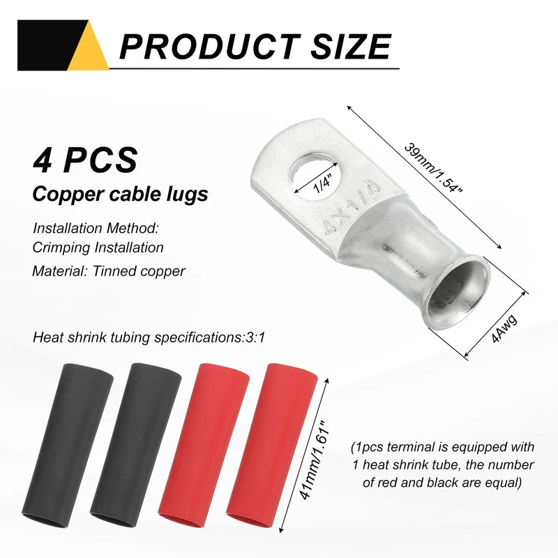 4 Pcs 1/4" Stud 4AWG Battery Lugs Ring Terminal with 4pcs Heat Shrink, Silver