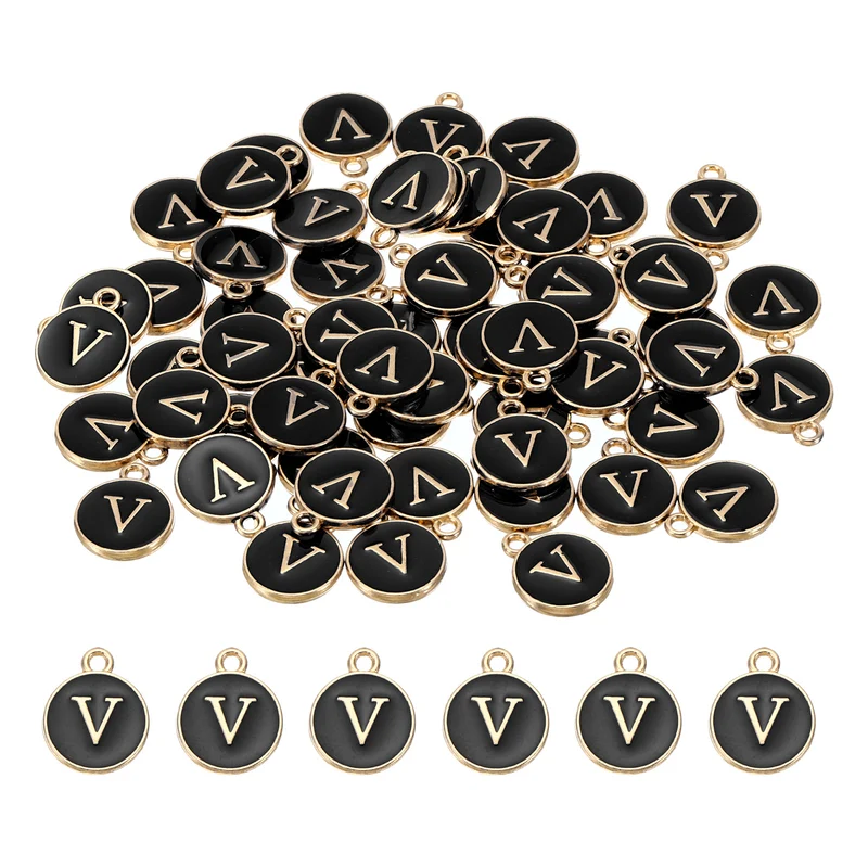 Letter Charm V, 60Pcs Double Sided Alphabet Initial Charm Pendants Beads Black