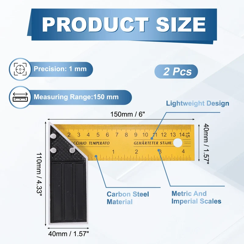 2Pcs 6 Inch Woodworking Square Ruler Metal Try Square, Yellow Black