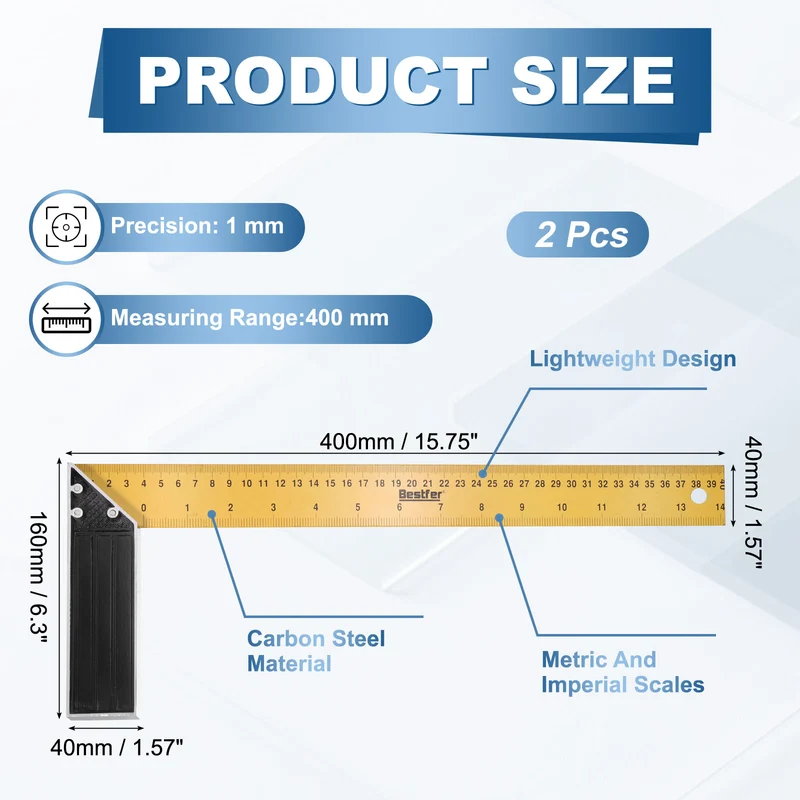 2Pcs 16 Inch Woodworking Square Ruler Metal Try Square, Yellow Black