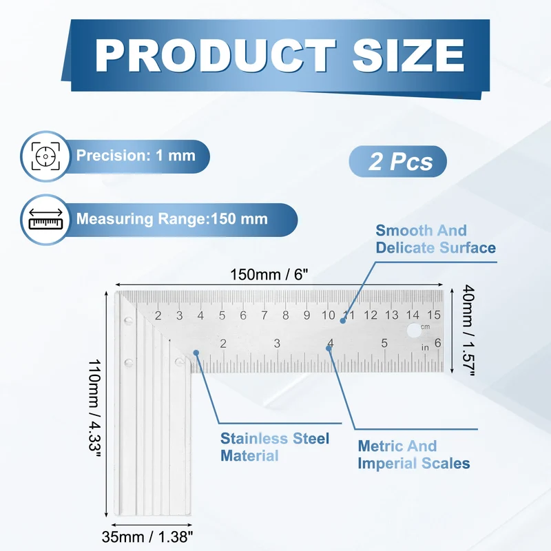 2Pcs 6" Woodworking Square Ruler Stainless Steel Try Square with Alloy Handle