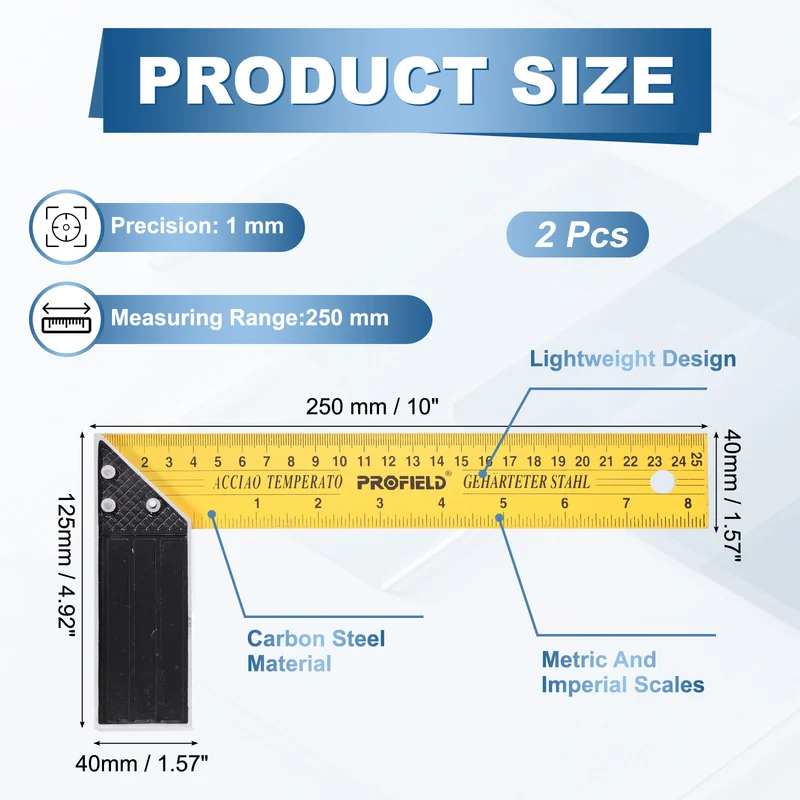 2Pcs 10 Inch Woodworking Square Ruler Metal Try Square, Yellow Black