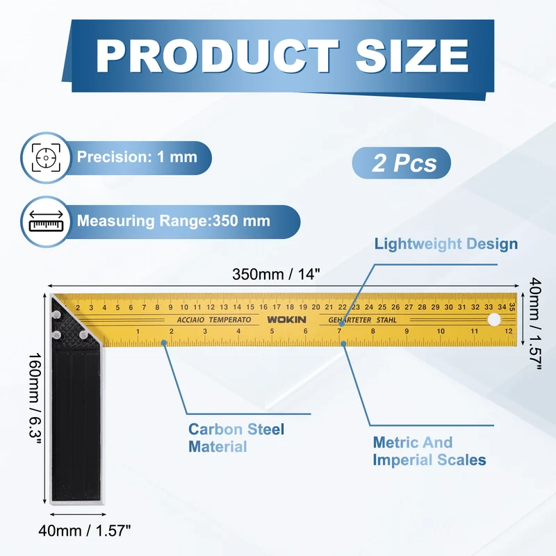 2Pcs 14 Inch Woodworking Square Ruler Metal Try Square, Yellow Black