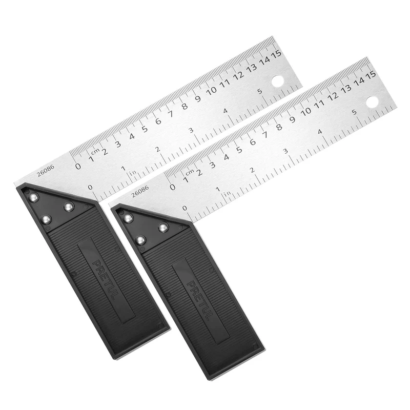 2Pcs 6 Inch Stainless Steel Woodworking Square Ruler, Silver Black