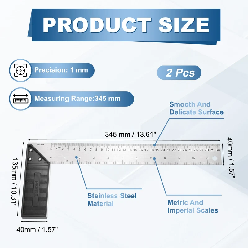 2Pcs 12 Inch Stainless Steel Woodworking Square Ruler, Silver Black