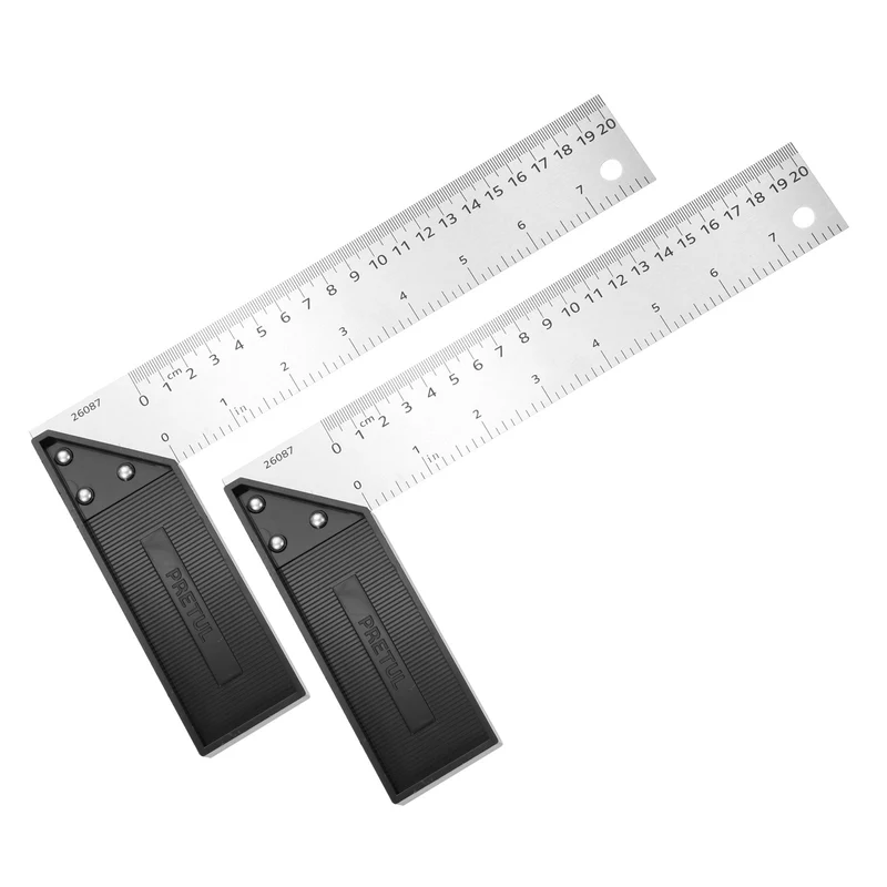 2Pcs 8 Inch Stainless Steel Woodworking Square Ruler, Silver Black