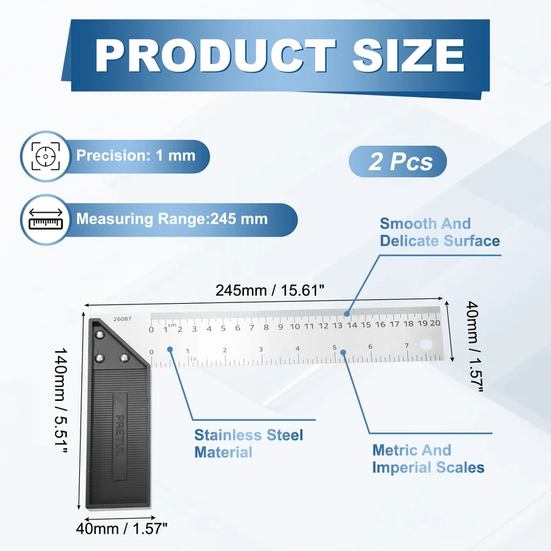 2Pcs 8 Inch Stainless Steel Woodworking Square Ruler, Silver Black