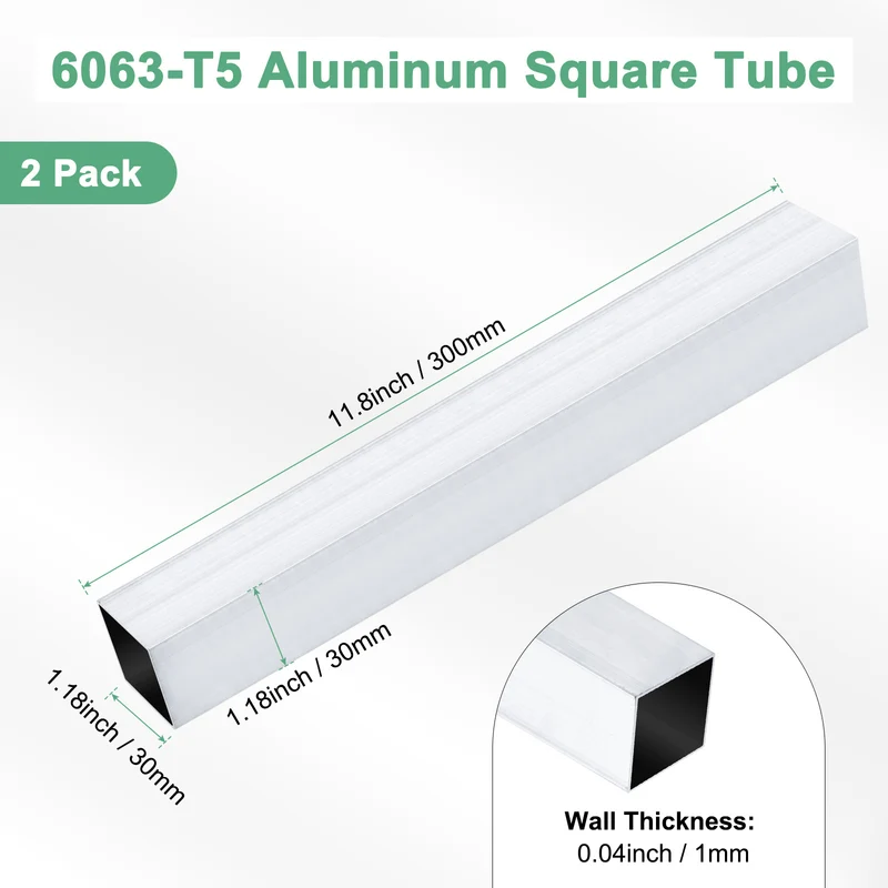 2Pcs 300mm 6063 Aluminum Square Tube, 30x30x1mm Straight Pipe Tubing for Frame