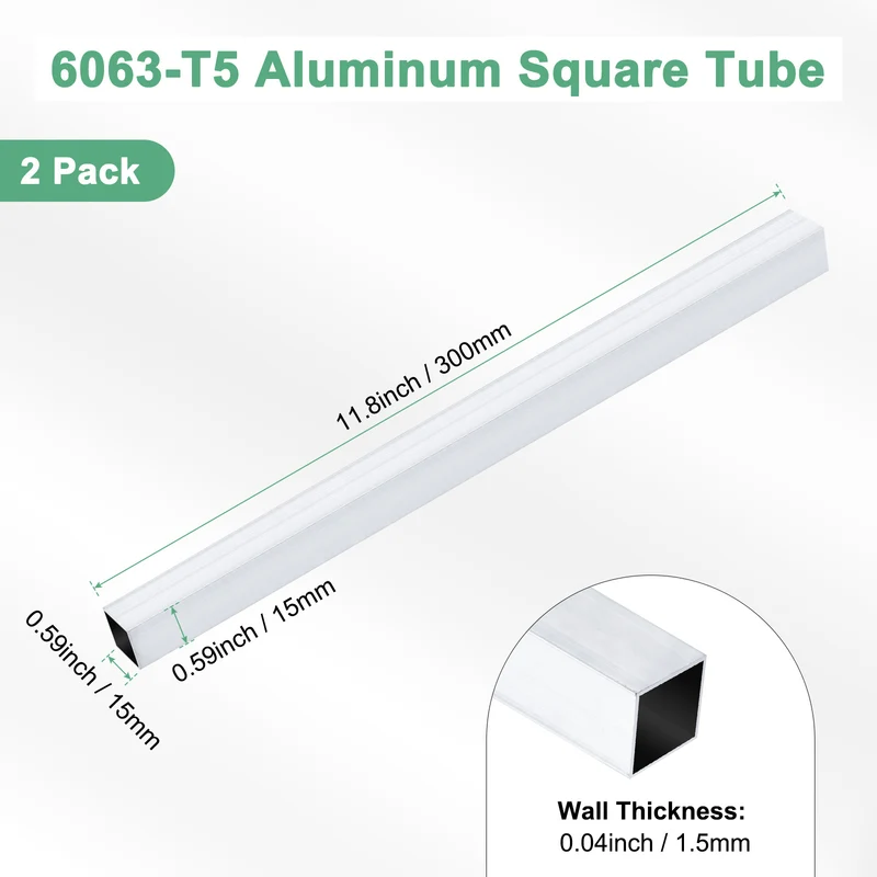 2Pcs 300mm 6063 Aluminum Square Tube, 15x15x1.5mm Straight Pipe Tubing for Frame