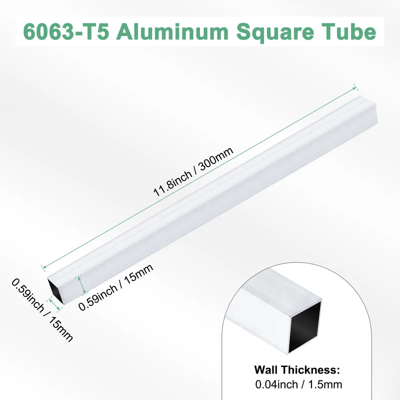 1Pcs 300mm 6063 Aluminum Square Tube, 15x15x1.5mm Straight Pipe Tubing for Frame