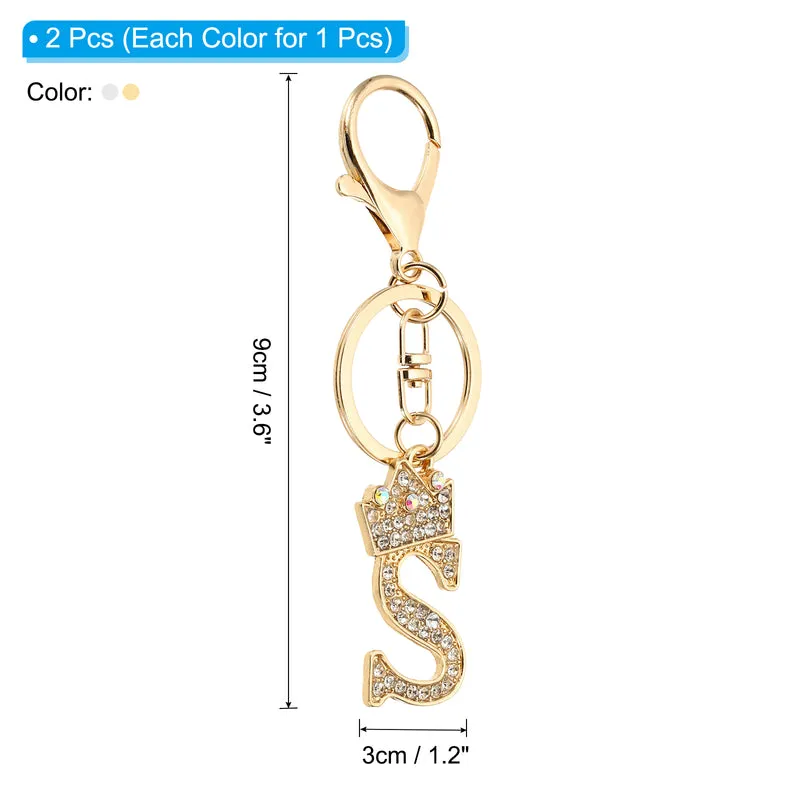 Initial Letter Keychain, 2 Pcs Letter S Crown Design Charm, Gold/Silver