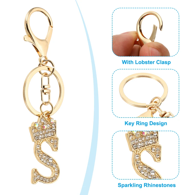 Initial Letter Keychain, 2 Pcs Letter S Crown Design Charm, Gold/Silver