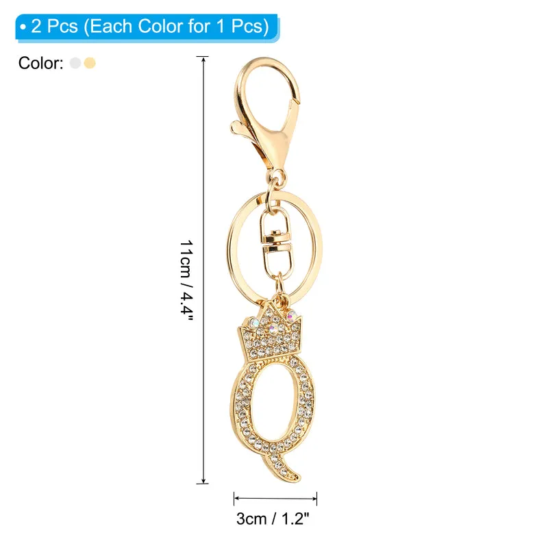 Initial Letter Keychain, 2 Pcs Letter Q Crown Design Charm, Gold/Silver