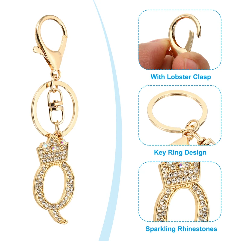 Initial Letter Keychain, 2 Pcs Letter Q Crown Design Charm, Gold/Silver