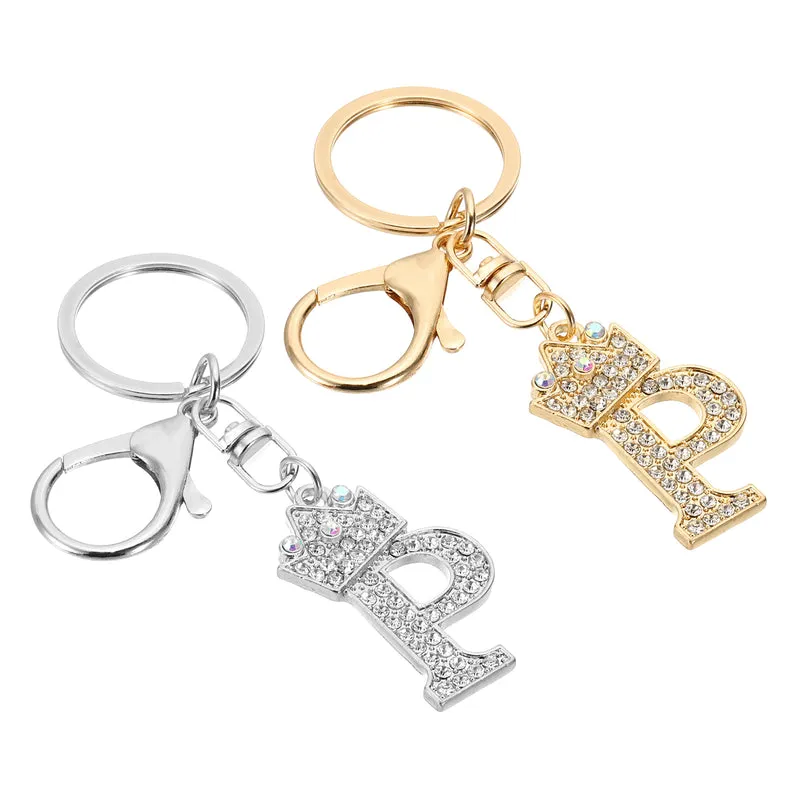 Initial Letter Keychain, 2 Pcs Letter P Crown Design Charm, Gold/Silver