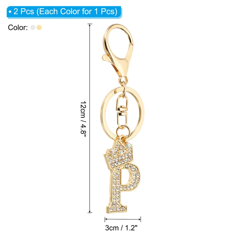 Initial Letter Keychain, 2 Pcs Letter P Crown Design Charm, Gold/Silver