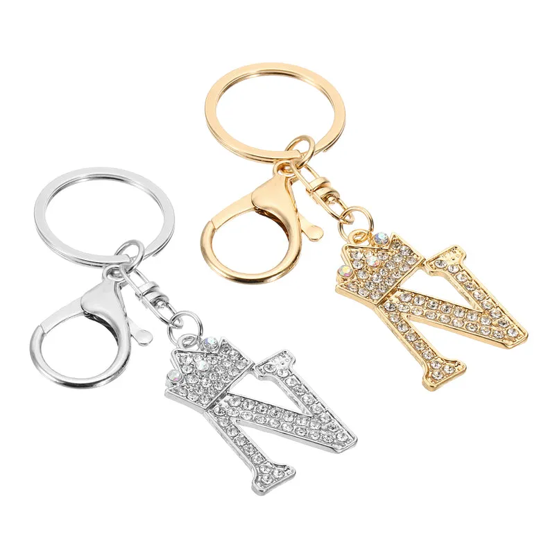 Initial Letter Keychain, 2 Pcs Letter N Crown Design Charm, Gold/Silver