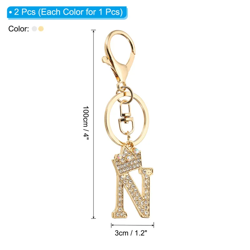 Initial Letter Keychain, 2 Pcs Letter N Crown Design Charm, Gold/Silver