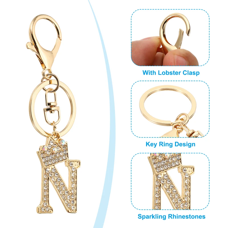 Initial Letter Keychain, 2 Pcs Letter N Crown Design Charm, Gold/Silver