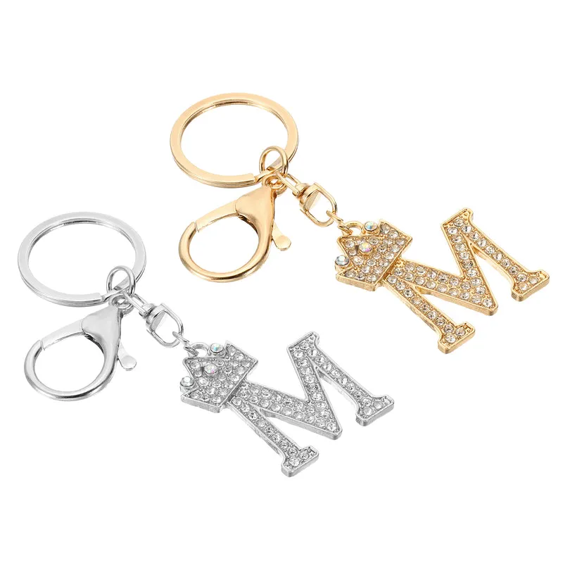 Initial Letter Keychain, 2 Pcs Letter m Crown Design Charm, Gold/Silver