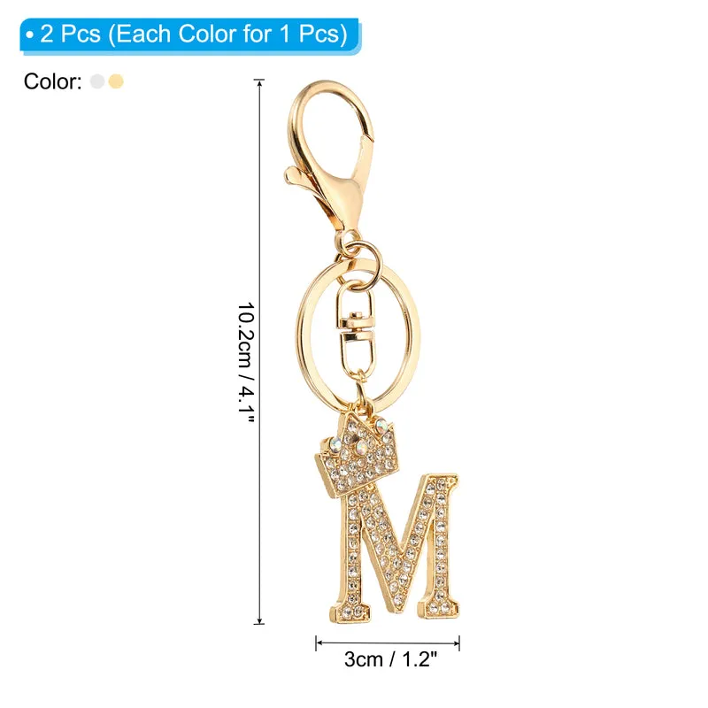 Initial Letter Keychain, 2 Pcs Letter m Crown Design Charm, Gold/Silver