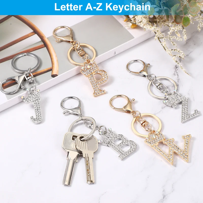 Initial Letter Keychain, 2 Pcs Letter m Crown Design Charm, Gold/Silver