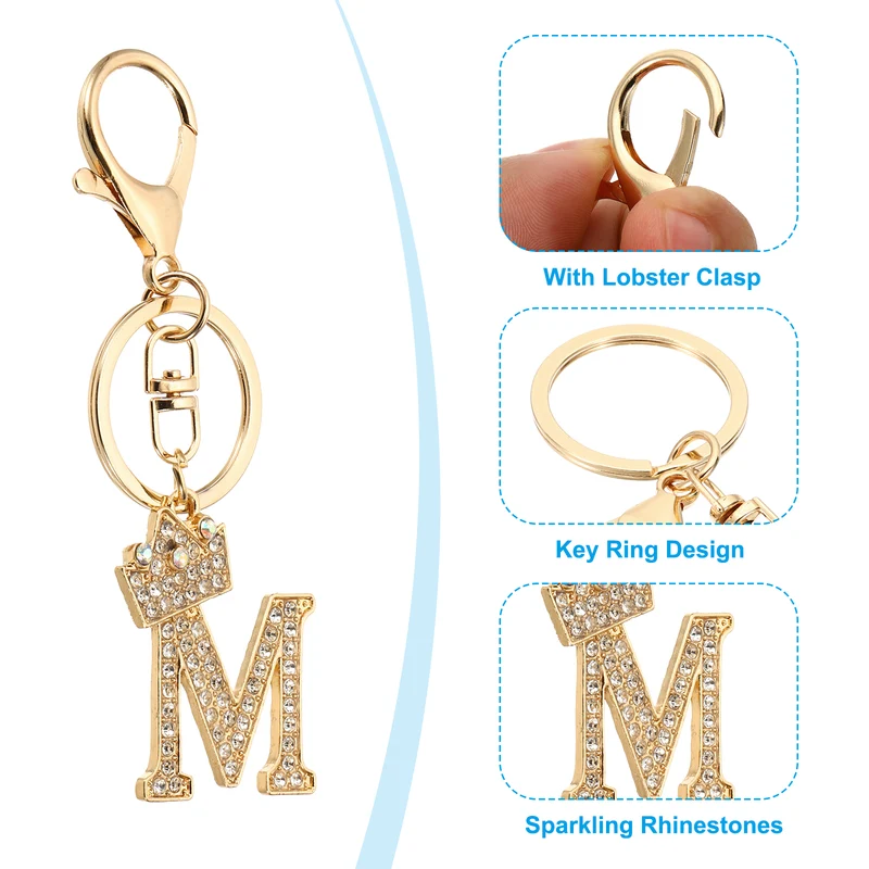Initial Letter Keychain, 2 Pcs Letter m Crown Design Charm, Gold/Silver