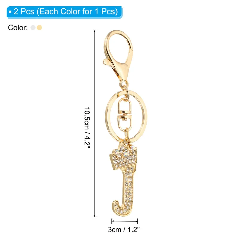 Initial Letter Keychain, 2 Pcs Letter J Crown Design Charm, Gold/Silver
