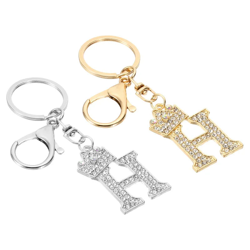 Initial Letter Keychain, 2 Pcs Letter H Crown Design Charm, Gold/Silver