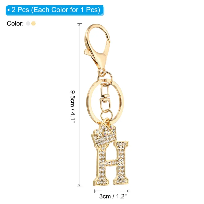 Initial Letter Keychain, 2 Pcs Letter H Crown Design Charm, Gold/Silver