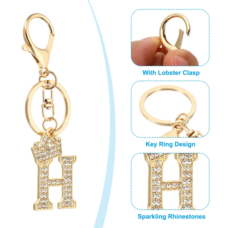 Initial Letter Keychain, 2 Pcs Letter H Crown Design Charm, Gold/Silver