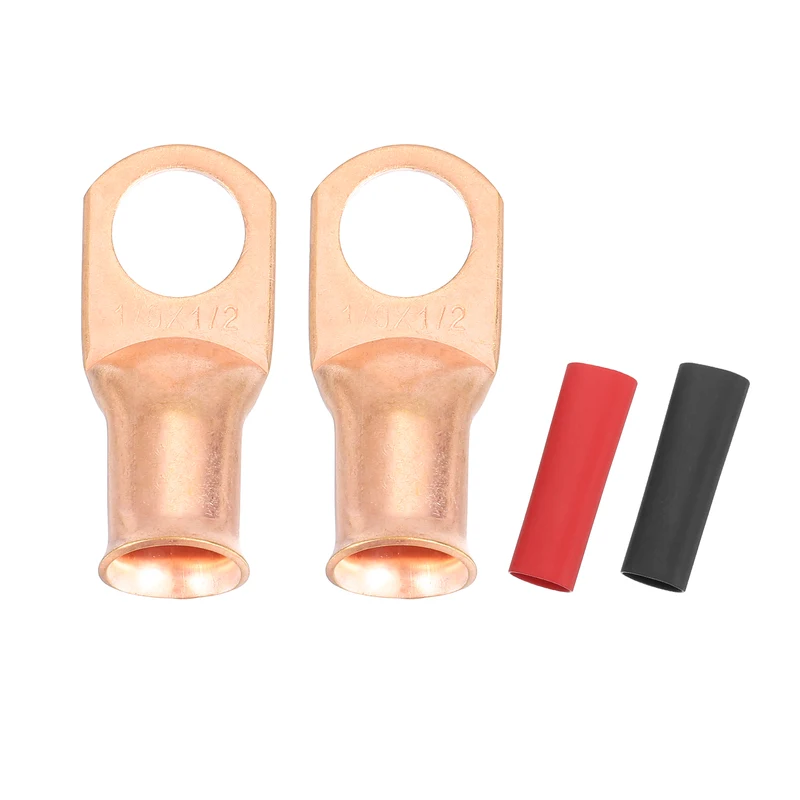 2 Pcs 1/2" Stud 1/0AWG Battery Cable End with 2pcs 2:1 Heat Shrink, Gold