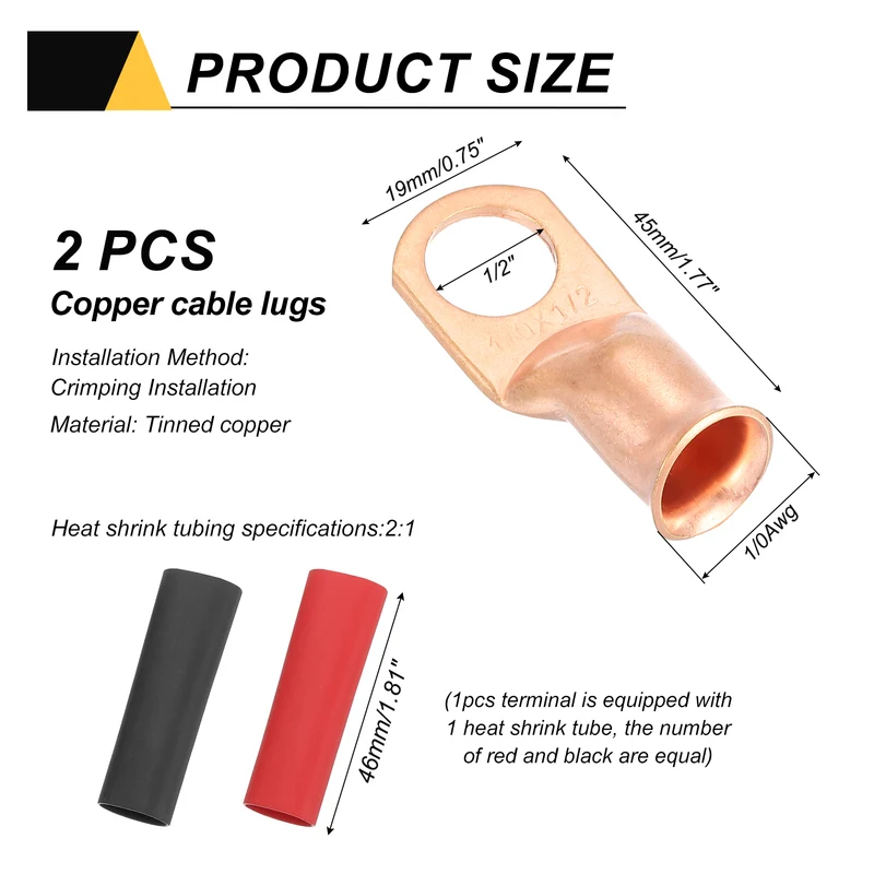 2 Pcs 1/2" Stud 1/0AWG Battery Cable End with 2pcs 2:1 Heat Shrink, Gold
