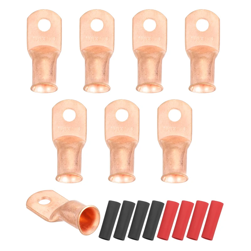 8 Pcs 1/4" Stud 1/0AWG Battery Cable End with 8pcs 2:1 Heat Shrink, Gold