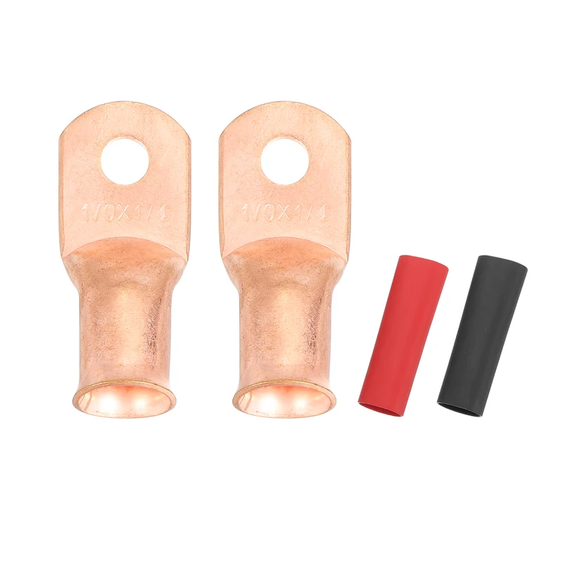 2 Pcs 1/4" Stud 1/0AWG Battery Cable End with 2pcs 2:1 Heat Shrink, Gold