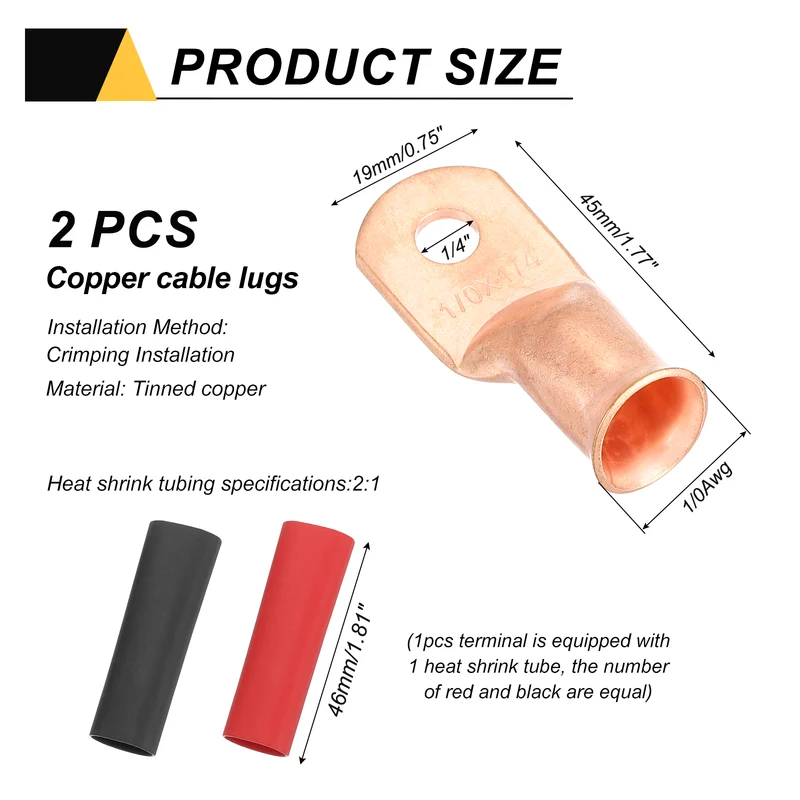 2 Pcs 1/4" Stud 1/0AWG Battery Cable End with 2pcs 2:1 Heat Shrink, Gold