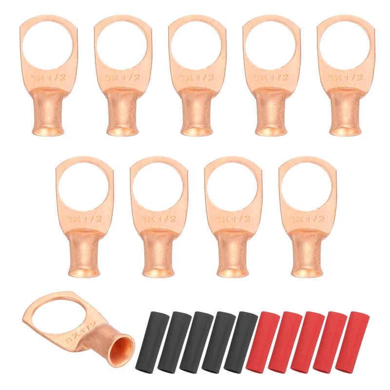 10 Pcs 1/2" Stud 8AWG Battery Cable End with 10pcs 2:1 Heat Shrink, Gold