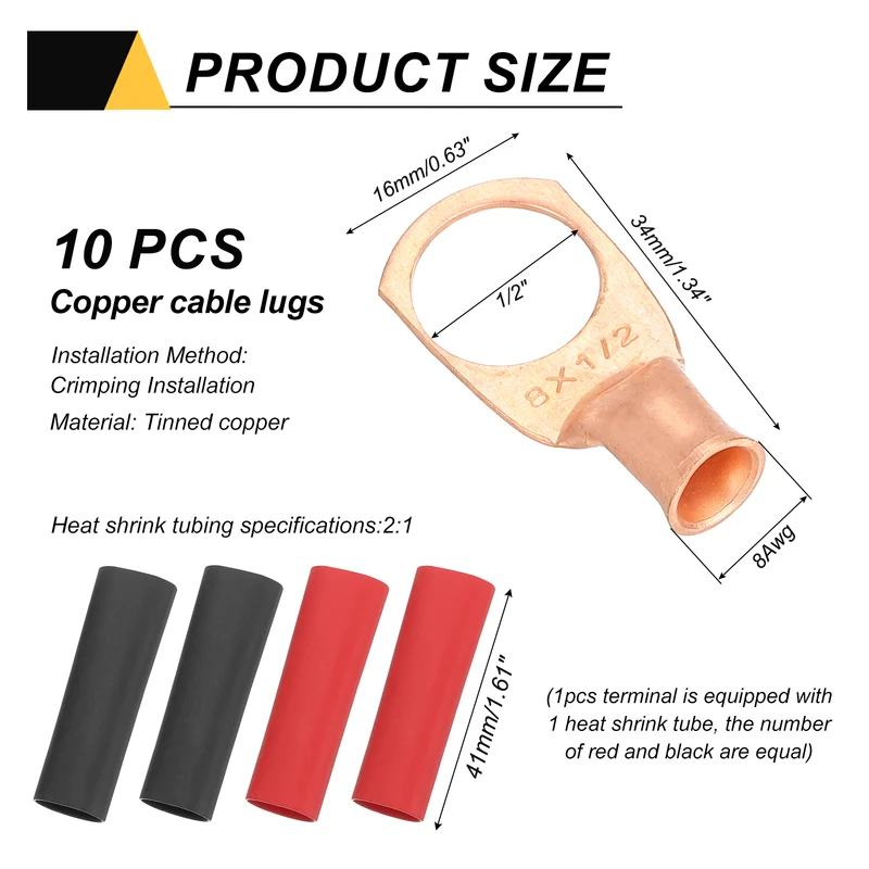 10 Pcs 1/2" Stud 8AWG Battery Cable End with 10pcs 2:1 Heat Shrink, Gold