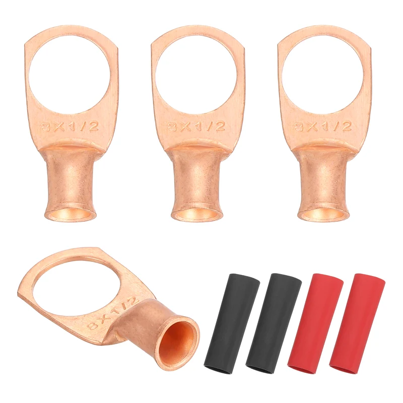 4 Pcs 1/2" Stud 8AWG Battery Cable End with 4pcs 2:1 Heat Shrink, Gold
