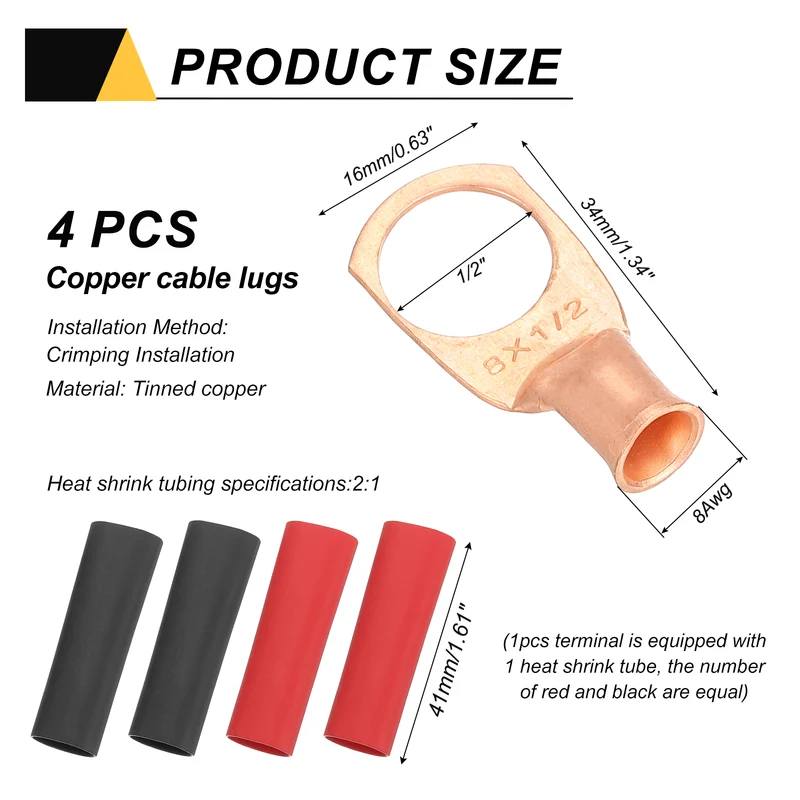 4 Pcs 1/2" Stud 8AWG Battery Cable End with 4pcs 2:1 Heat Shrink, Gold