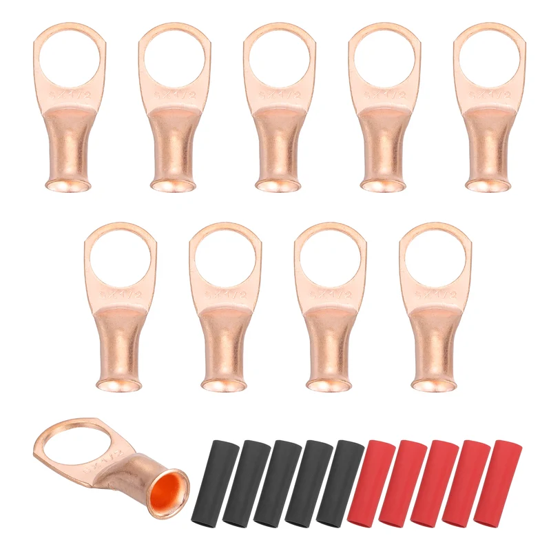 10 Pcs 1/2" Stud 6AWG Battery Cable End with 10pcs 2:1 Heat Shrink, Gold