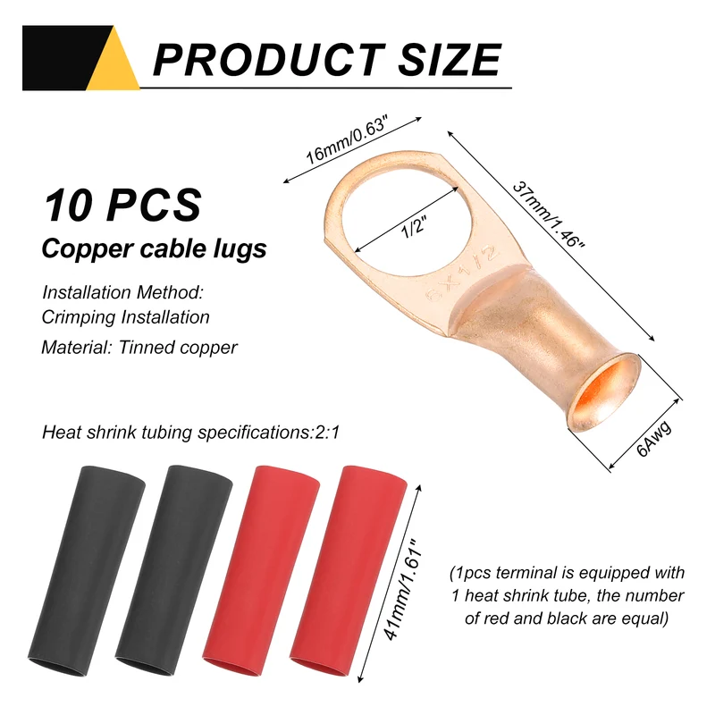10 Pcs 1/2" Stud 6AWG Battery Cable End with 10pcs 2:1 Heat Shrink, Gold