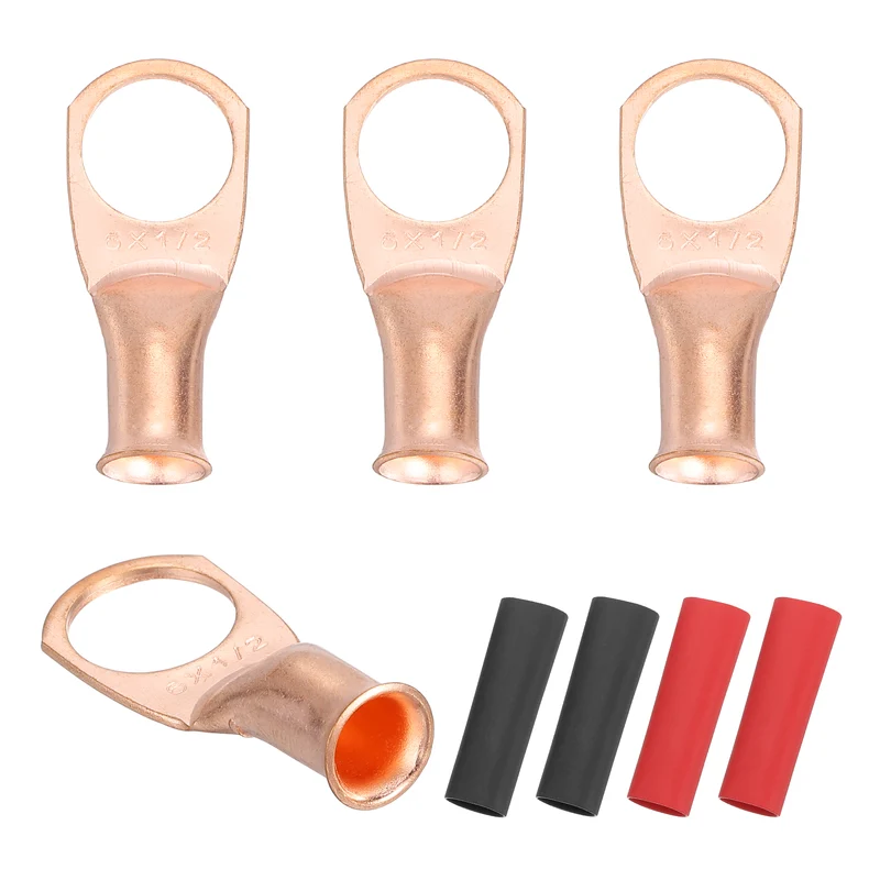 4 Pcs 1/2" Stud 6AWG Battery Cable End with 4pcs 2:1 Heat Shrink, Gold