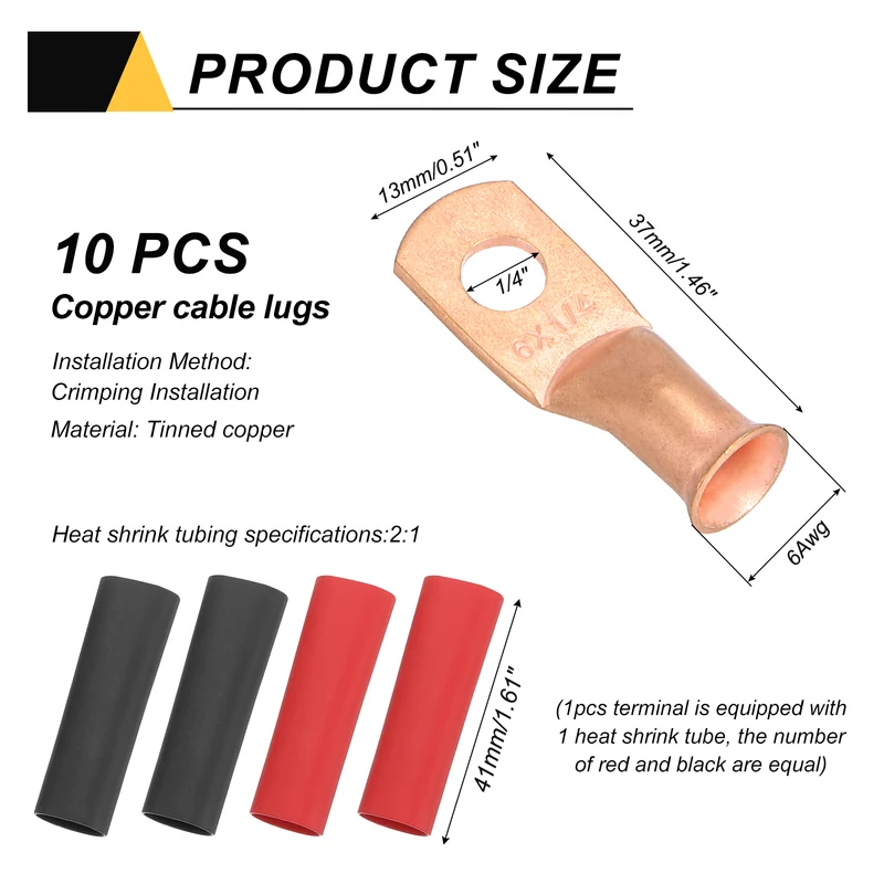 10 Pcs 1/4" Stud 6AWG Battery Cable End with 10pcs 2:1 Heat Shrink, Gold