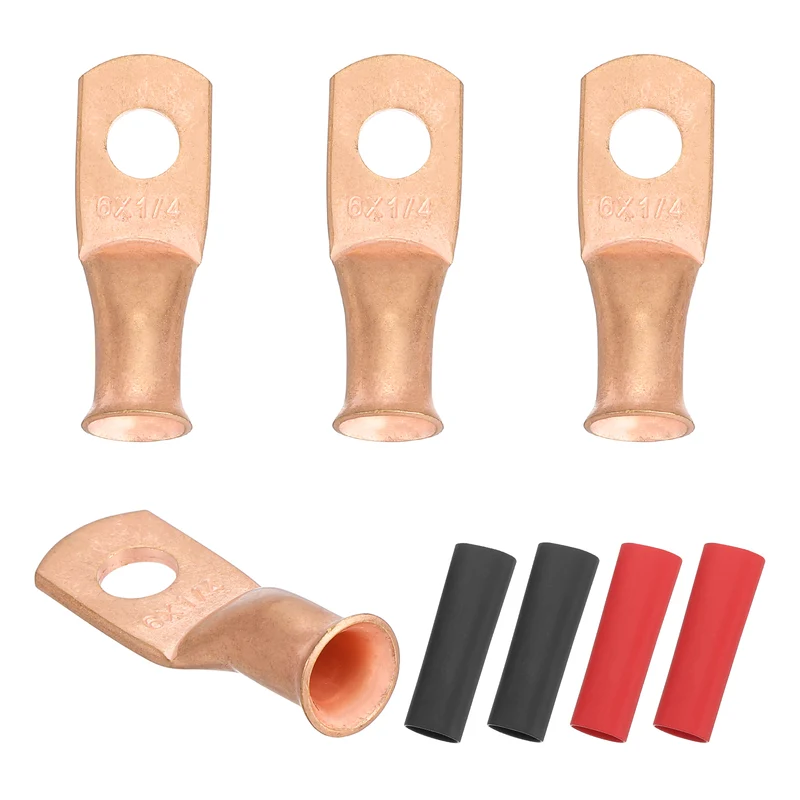 4 Pcs 1/4" Stud 6AWG Battery Cable End with 4pcs 2:1 Heat Shrink, Gold