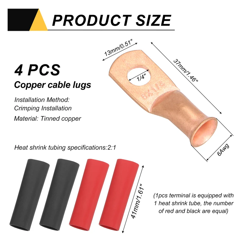 4 Pcs 1/4" Stud 6AWG Battery Cable End with 4pcs 2:1 Heat Shrink, Gold