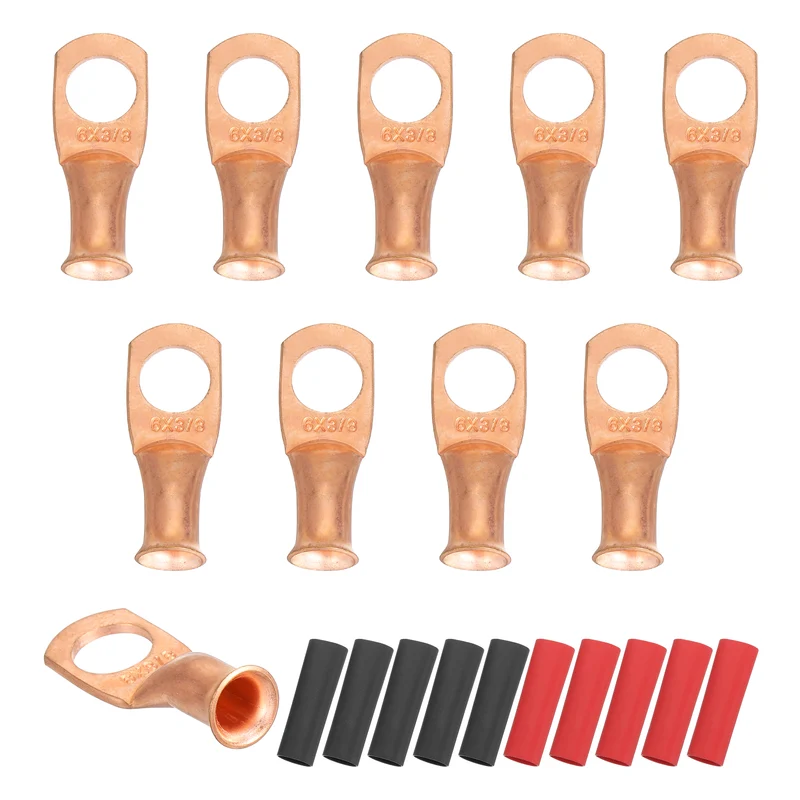 10 Pcs 3/8" Stud 6AWG Battery Cable End with 10pcs 2:1 Heat Shrink, Gold