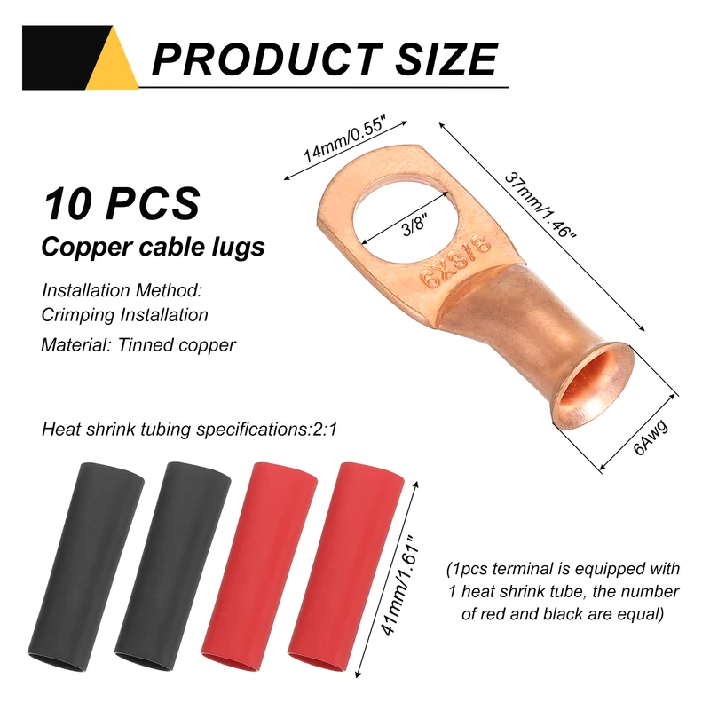 10 Pcs 3/8" Stud 6AWG Battery Cable End with 10pcs 2:1 Heat Shrink, Gold