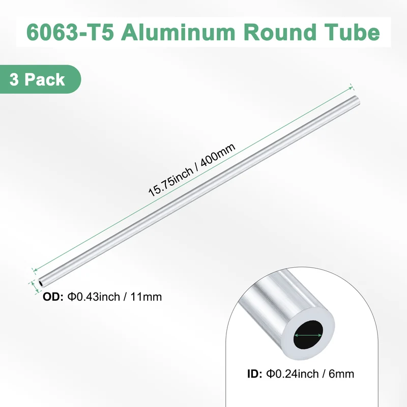 3-Pack 6063 Aluminum Round Tube, 6mmx11mm(IDxOD) 400mm Length Straight Tubing