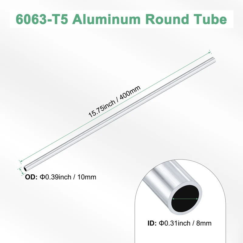 1-Pack 6063 Aluminum Round Tube, 8mmx10mm(IDxOD) 400mm Length Straight Tubing